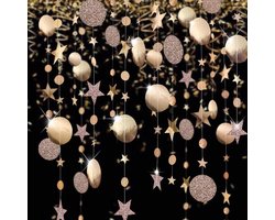 Joya Party® Slinger set van 3 slingers Cirkel en Sterren Rose Goud en Champagne Goud | Papieren slingers met glitter | Ronde cirkelbanners Hangende feestdecoraties | Verjaardagsbanner voor verjaardag, babyshower, bruiloft, Kerstmis