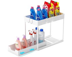 Joyage Keukenkast Organizer uitschuifbaar - Wit - Schuiflade Keukenkast - Aanrecht Organiser – Keuken Organizers - Kast Organizer - Organizer Lade Organizer - Under sink Organizer - Gootsteenkast Organizer - Keukenrek - Badkamer Organizer