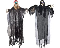 JOYIN 2 stuks 40 inch Halloween hangende geest decoraties, een vliegende Magere Hein en een skelet piraat met LED knipperende ogen voor Halloween Outdoor Yard Decoratie