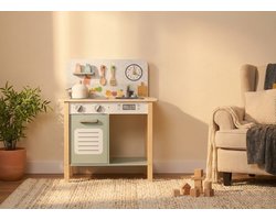 Joylux® Houten Kinderkeuken - Speelkeuken met Accessoires & Klok - Mintgroen Pastel Kleur - Inclusief Pannenset