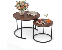 JOYNEXTBUY - Salontafel Set van 2 – Nesting Tafels Rond – Walnootkleur – Bijzettafels - Verstelbaar – Woonkamer, Balkon & Kantoor