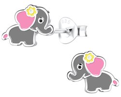 Joy|S - Zilveren olifant oorbellen - baby olifantje met roze oren en geel bloemetje - kinderoorbellen