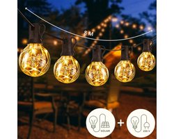 JPro Copper 25 LED Lichtsnoer Buiten 3-in-1 Tuinverlichting Warm Wit - 6,5 meter - Zonne-Energie, Netstroom of Batterij - Oplaadbaar - Buiten Lichtslinger Waterdicht en Energiezuinig - 25 LED Lampen Tuin Verlichting - 6,5+1,5m