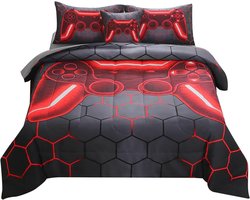 JQinHome Volledige gamer-dekbedset voor jongens, meisjes, kinderen, 6-delig bed in een tas, beddengoed met 3D-videogames - Alle seizoenen, zacht dons, alternatieve dekbed, gamer-beddengoedsets met