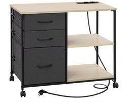 J&R Archiefkast met Oplaadstation – Licht Eiken Ladekast op Wielen – Printerkast 80 cm – 3 Laden en 2 Open Vakken – 2 Stopcontacten & 2 USB-poorten