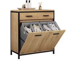 J&R Badkamer kast - Wasmand kast - Waszak - Badkamermeubel - 2 waszakken - 2 handdoek haakjes - Kast - Opbergkast - Industrieel - Bruin