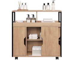 J&R Badkamerkast - Badkamer meubel - Kast - Bijzettafel - Gangtafel - Sidetable - Schuifdeur - Verstelbare plank - Op wielen - 2 handdoek haakjes - Bruin - Hout - 70x70x20 cm