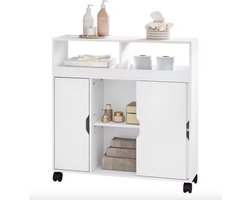 J&R Badkamerkast - Badkamer meubel - Kast - Bijzettafel - Gangtafel - Sidetable - Schuifdeur - Verstelbare plank - Op wielen - 2 handdoek haakjes - Wit - Hout - 70x70x20 cm