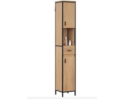 J&R Badkamerkast - Badkamer meubel - Kast - Hoge kast - Opbergkast - Lade - Verstelbare plank - 2 Handdoek haakjes - Hout - Bruin - 180x30x30 cm