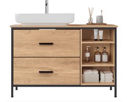 J&R Badkamerkast - Goosteenkast - Kastje badkamer - Wastafel kast - Kast met lades - Badkamer meubel - 2x Handdoek haakje - Breed - Hout - Bruin - Industrieel - 90x30x60cm