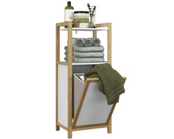 J&R Badkamerkast met Wasmand – Bamboe Wasmandkast – Smalle Wasmand met Opbergplank – 40x30x95 cm – Naturel/Wit
