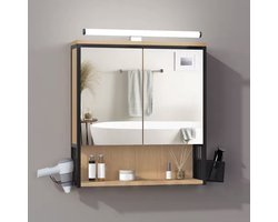 J&R badkamerkast - Wandkast - Spiegelkast - Verstelbare plank - Fohnhouder - Met verlichting - Light oak - Hout - Metaal - Zwart - Industrieel - 56x64.5x14.5cm