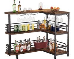 J&R Bar - Thuisbar - Homebar - L-Vormige Home Bar Unit - 3 laags - Opslagplanken en wijnglazen houder - Zwart met houtlook -