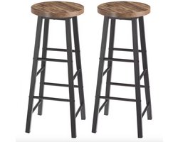 J&R Barkruk - Set van 2 barkrukken - Kruk - Houten barkruk - Kruk Bartafel - 2 stuks - Metalen poot - Houten zitting - Zwart - Vintage Bruin