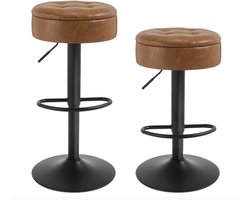 J&R Barkruk - Set van 2 barkrukken - Kruk - PU Lederen barkruk - Kruk Bartafel - 2 stuks - Metalen poot - PU leer - Hoogte verstelbaar - Opbergruimte - Bruin - Zwarte poot