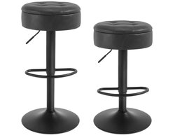 J&R Barkruk - Set van 2 barkrukken - Kruk - PU Lederen barkruk - Kruk Bartafel - 2 stuks - Metalen poot - PU leer - Hoogte verstelbaar - Opbergruimte - Donkergrijs - Zwarte poot