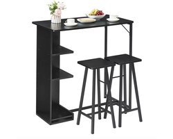J&R Bartafel set - Bartafel - Bar Tafel - Tafel en 2 krukken - Tafel - 2 Krukken - Hoge tafel - Opbergvakken - Hout - Zwart