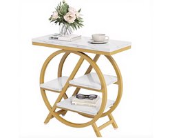 J&R Bijzettafel - Eindtafel - Sidetable - Banktafel - Consoletafel - Marmerlook hout - Metalen frame - Wit - Goud