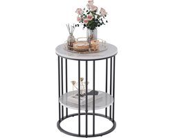 J&R Bijzettafel Rond - Eindtafel - Koffietafel - Sidetable - Hoog frame - Tafel naast de bank - Nachtkastje - Gesinterd Steen - Marmerlook - Licht grijs - Zwart metaal - 40x40x54cm