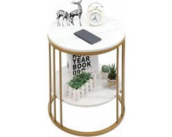 J&R Bijzettafel Rond - Koffietafel - Hoog frame - Tafel naast de bank - Nachtkastje - Gesinterd Steen - Marmerlook - Licht grijs - Goud metaal - 40x40x54cm