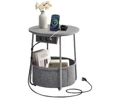 J&R Bijzettafel - Salontafel - Eindtafel - Sidetable - Banktafel - Nachtkastje - Opbergmand - Stoffen mand - - Stalen frame - Houten blad - USB - Stopcontacten - Grijs