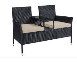 J&R Bistroset - Tuinbank - Tuinmeubel - Tuinstoel - 2 Stoelen en Tafel - Loungebank - Balkon Bank - Buiten bank - Inclusief kussens - Rotan - Zwart - Beige kussens