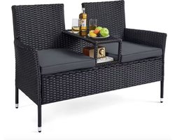J&R Bistroset - Tuinbank - Tuinmeubel - Tuinstoel - 2 Stoelen en Tafel - Loungebank - Balkon Bank - Buiten bank - Inclusief kussens - Rotan - Zwart - Grijze kussens