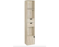 J&R Boekenkast - Opbergkast - Smalle kast - 3 open vakken - 2 lades - 1 deurtje - Light oak - 30X158X24cm