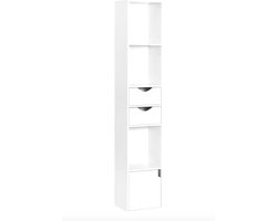 J&R Boekenkast - Opbergkast - Smalle kast - 3 open vakken - 2 lades - 1 deurtje - Wit - 30X158X24cm