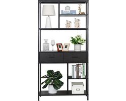 J&R Boekenkast - Planken en Laden - Industriële Boekenkast - Open kast - Boekenplank - Boekenrek - Vakkenkast - 6 Opbergplanken - Kantoorkast - Boekdisplayplank - Zwart met metaal - 90x30x180cm