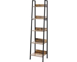 J&R Boekenkast - Plankenkast - Open Kast - Hout - 5 laags - Industrieel - Zwart metaal - Donker hout - 40x170x36