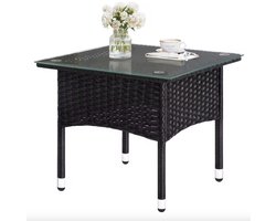 J&R Buitentafel - Salontafel - Bijzettafel - Tafel - Terras tafel - Tuin tafel - Rotan - Glazen blad - Afneembaar blad - Zwart - 50x50cm