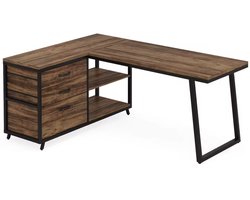 J&R Bureau - Bureau hoekopstelling - Hoekbureau - Computerbureau - Met 3 lades - Planken - Omkeerbaar - Industrieel - Donker hout - Metaal - Bruin