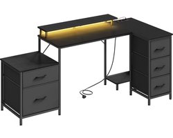 J&R Bureau - Hoekbureau - L-Vormig bureau - L-Bureau - Game bureau - Kantoor bureau - Stopcontact - Opladen - USB - USB-C - Led Verlichting - Metalen frame - Stoffen Lades - Houten Bureau - Zwart