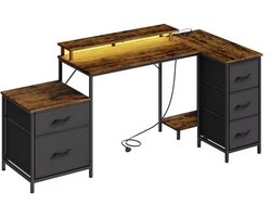 J&R Bureau - Hoekbureau - L-Vormig bureau - L-Bureau - Game bureau - Kantoor bureau - Stopcontact - Opladen - USB - USB-C - Led Verlichting - Metalen frame - Stoffen Lades - Houten Bureau - Zwart - Bruin