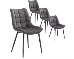 J&R Eetkamer Stoelen - Eettafel - Eettafel stoelen - Set van 4 - Fluweel - Metalen poot - Donkergrijs