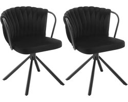 J&R Eetkamerstoel - Set van 2 stoelen - Fluweel eetkamer stoel - Eettafel stoel - Fauteuil - Velvet - Armleuning - Draaibaar - Zwarte Poot - Zwart