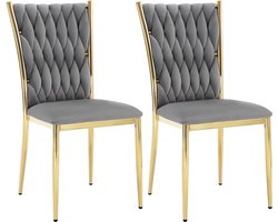 J&R Eetkamerstoel - Set van 2 stoelen - Fluwelen eetkamer stoel - Eetkamerstoelen - Eettafel stoel - Velvet - Fluweel - Gevlochten patroon - Gouden poot - Metaal - Grijs - Goud