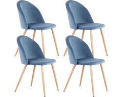 J&R Eetkamerstoel - Set van 4 - Fluweel eetkamerstoel - Stoelen - Eettafel stoel - 4 stuks - Houten poot - Blauw