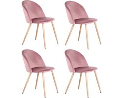 J&R Eetkamerstoel - Set van 4 - Fluweel eetkamerstoel - Stoelen - Eettafel stoel - 4 stuks - Houten poot - Roze