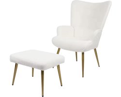 J&R Fauteuil - Relaxing chair - Met voetenbankje - Leesstoel - Woonkamer stoel - Fauteuil - Stoel met voetenbank - Stoel met hocker - Goud metalen poten - Teddy stof - Bouclé - Wit