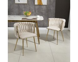 J&R Fluwelen eetkamerstoelen - Set van 2 stoelen - Eettafel stoel - Fauteuil - Stoel - Luxe - Velvet - Gouden metalen poten - Hoge rugleuning - Rond - Geweven ontwerp - Beige met goud