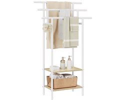 J&R Handdoekenrek Staand – Wit/Licht Eiken – Handdoekhouder met 3 Stangen en 2 Planken – Vrijstaand Badkamerrek – 68 × 28 × 116,5 cm