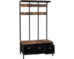 J&R Kapstok - Garderobe rek - Kledingrek - Bankje - 12 haken - Schoenen opslag - Hout en metaal - Bruin - Zwart