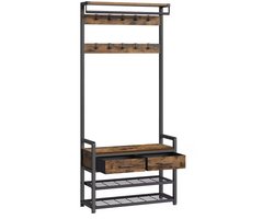 J&R Kapstok - Garderobe rek - Kledingrek - Scheidbaar ontwerp - In 2 delen te gebruiken - Bankje - 10 haken - Schoenen opslag - 2 lades - Hout en metaal - Bruin - Zwart