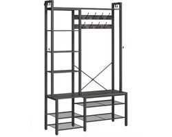 J&R Kapstok - Kapstok groot - Kledingrek - Garderobekast - Schoenenrek - Zitbank - Planken - Haken - Hout en metaal - Industrieel - Zwart - 120x190x40cm
