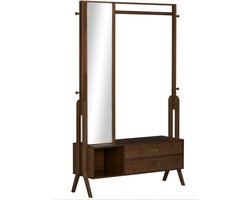 J&R Kapstok - Kapstok met spiegel - kledingrek - 2 lades - Stang - Vier haken - Donker hout - Bamboo - 113x169.5cm