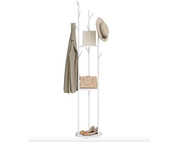 J&R Kapstok - Kledingrek - Boomkapstok - Staande kapstok - 9 haken - 3 planken - Marmerlook voet - Stenen voet - 171cm - Wit