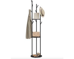 J&R Kapstok - Kledingrek - Boomkapstok - Staande kapstok - 9 haken - 3 planken - Marmerlook voet - Stenen voet - 171cm - Zwart