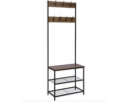 J&R Kapstok - Kledingrek - Garderobe rek - Staande kapstok - Industriële kapstok - Schoenen rek - 7 haken - Zitplank - 2 planken - Hout - Metaal - Donkerbruin